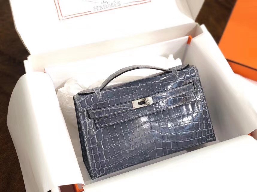 Hermes Mini Kelly Pochette 22cm Bag In Dark Grey Shiny Alligator Leather